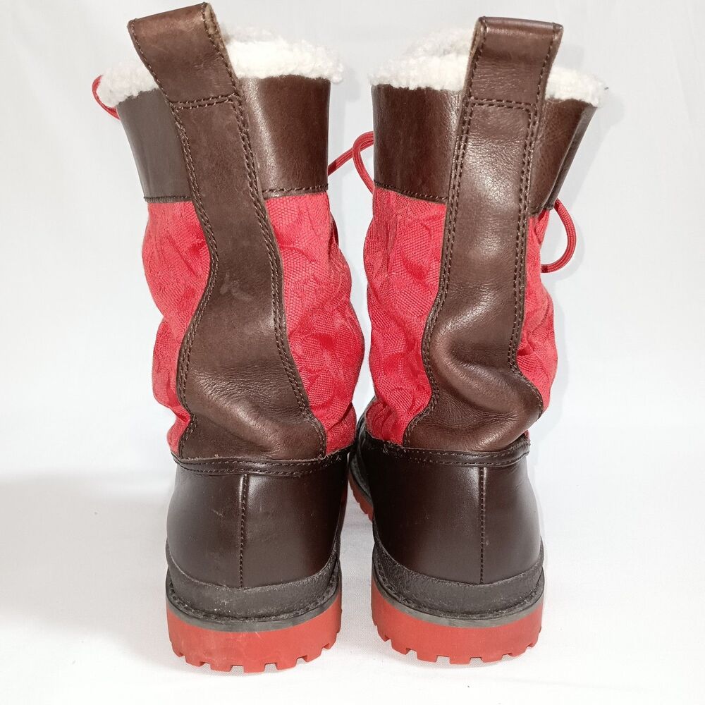 Coach Women's Laura Boots Size 6B Red And Brown Logo Sherpa Lined Lace Up - Picture 6 of 9